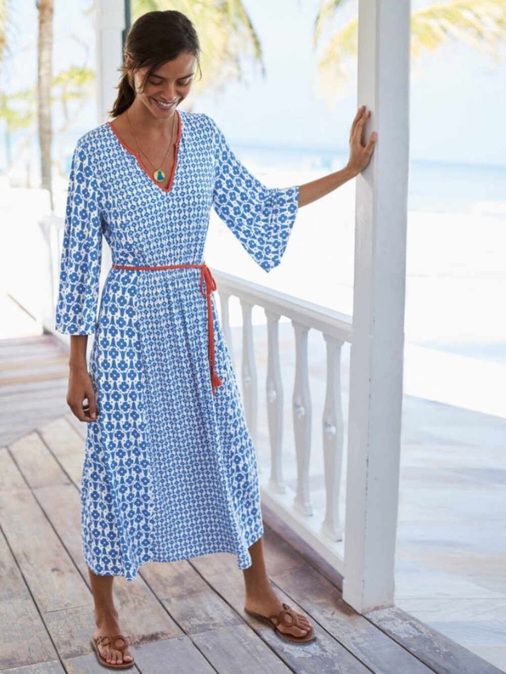 BODEN Blue White Bella Belted Jersey Midi Dress Size 12 Floral Boho